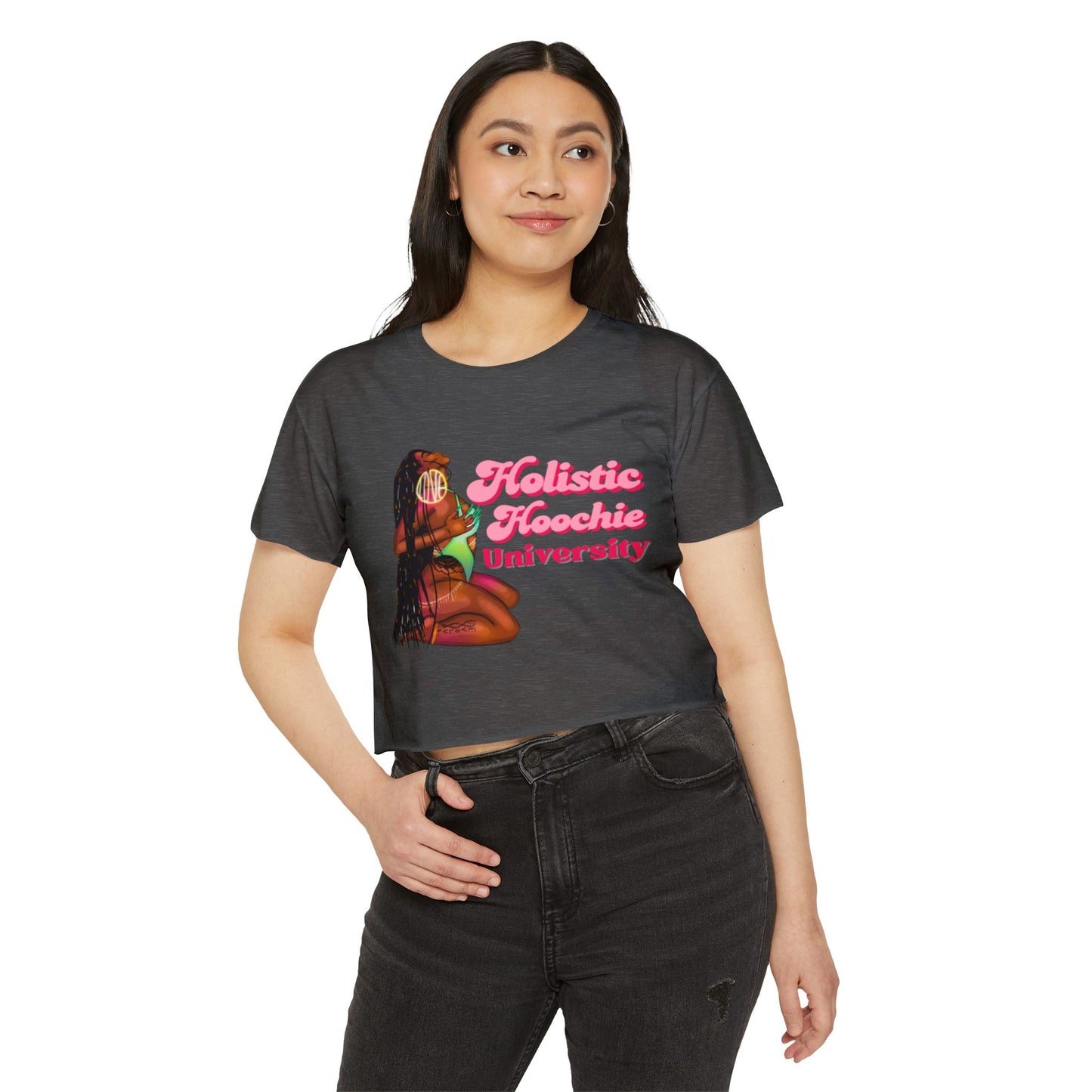 Festival Crop Top – "Holistic Hoochie University" Retro Pinup Graphic